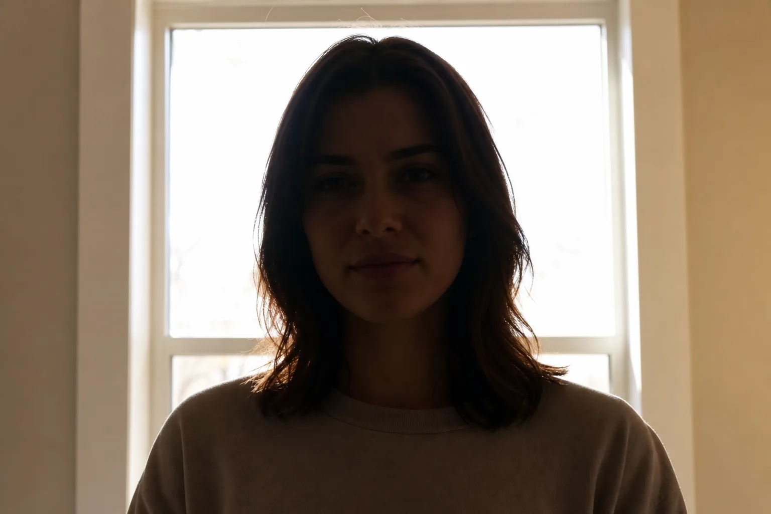 Backlit portrait with the face hidden in deep shadow