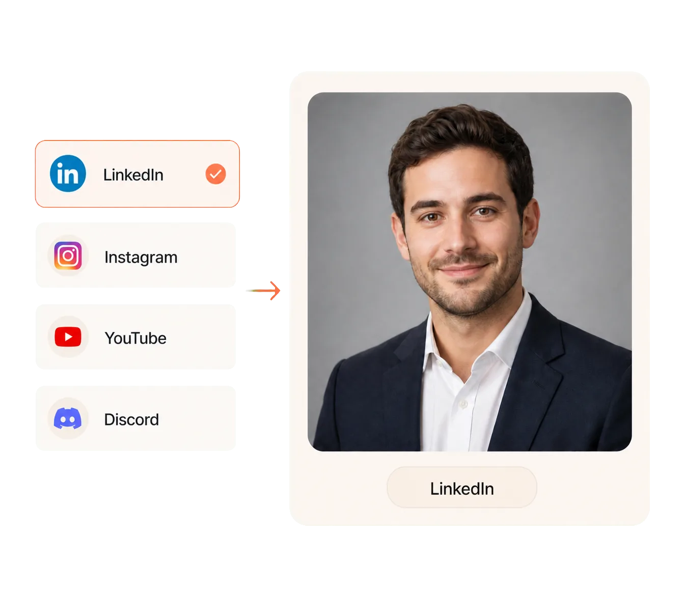 LinkedIn selected as the destination beside one professional portrait tailored for that platform