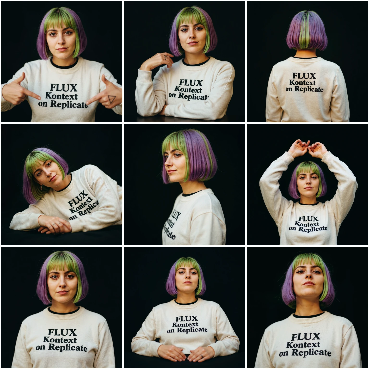 Nine coordinated portraits of the same person in the same outfit and black background with different poses, angles, and framing